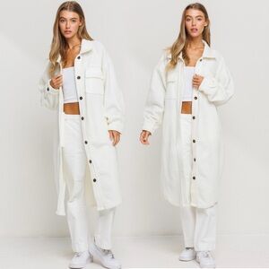 Women's Off White Fleece Button Down Longline Coat